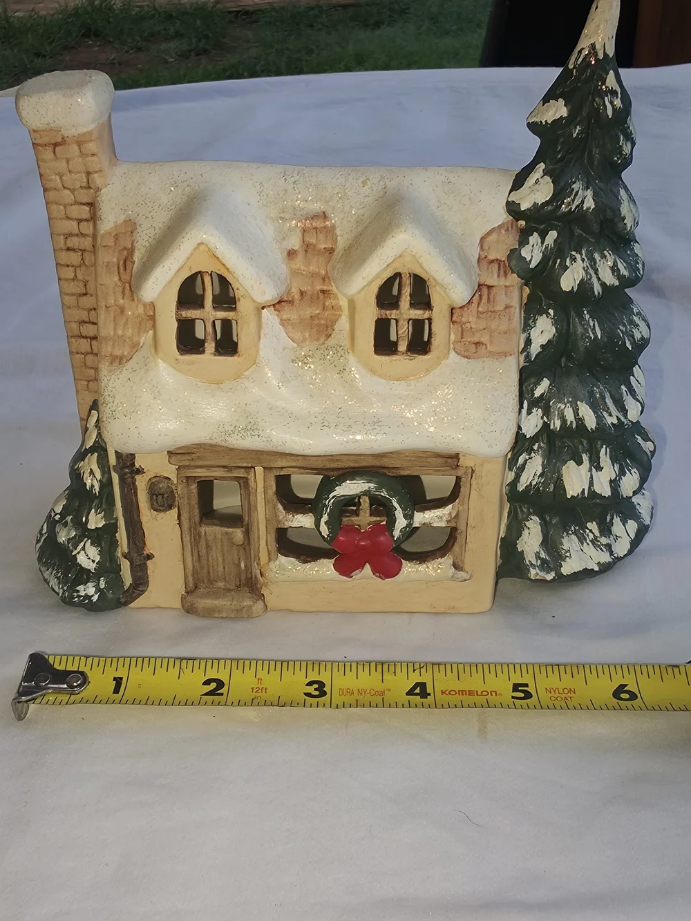 Holiday Snowy Cottage Figurine with Green Tree - Home Holiday